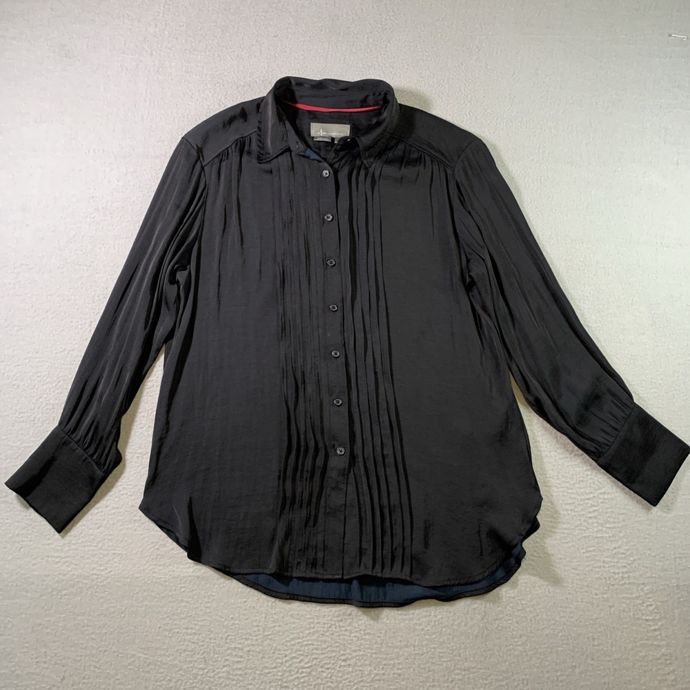 By Anthropologie Black Satin Tuxedo Pintuck Pleated Button Down Shirt Small